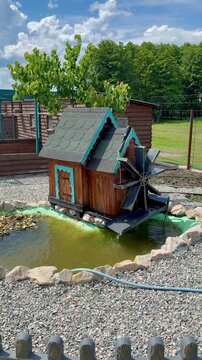 Decorative Decorative Miniature Wooden Water Mill with Water Wheel in Garden Pond Video
