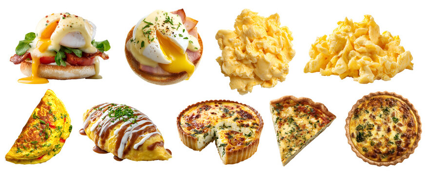 Set of to cook prepare eat eggs in different ways, Omelet poached scrambled benedict quiche, Omurice omu-rice, transparent cutout PNG Mockup for design