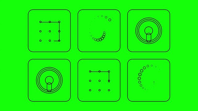 Minimalist loading animation icons on green screen, black line art progress bars and security patterns, set of 6 motion graphic UI elements