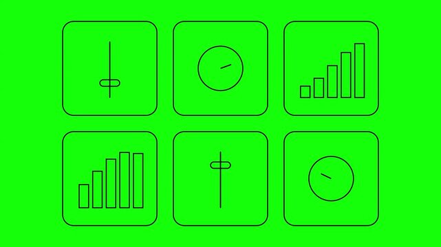Minimalist line icons on green screen, animated UI elements for video editing, set of 6 thin stroke interface symbols for motion graphics
