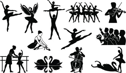 Set of black silhouette depicting ballet dancers, classical music performers, and graceful swan figures in various artistic poses © Shahriar