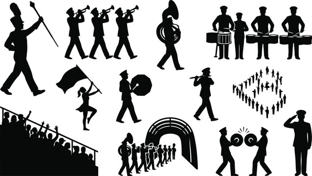 Set of black silhouette depicting a marching band, including musicians playing instruments, a drum major, and a flag bearer in action