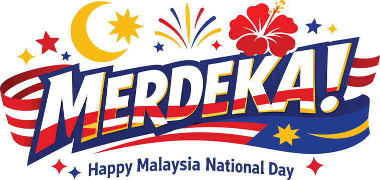 Merdeka celebration graphic with Malaysian hibiscus and waving flag