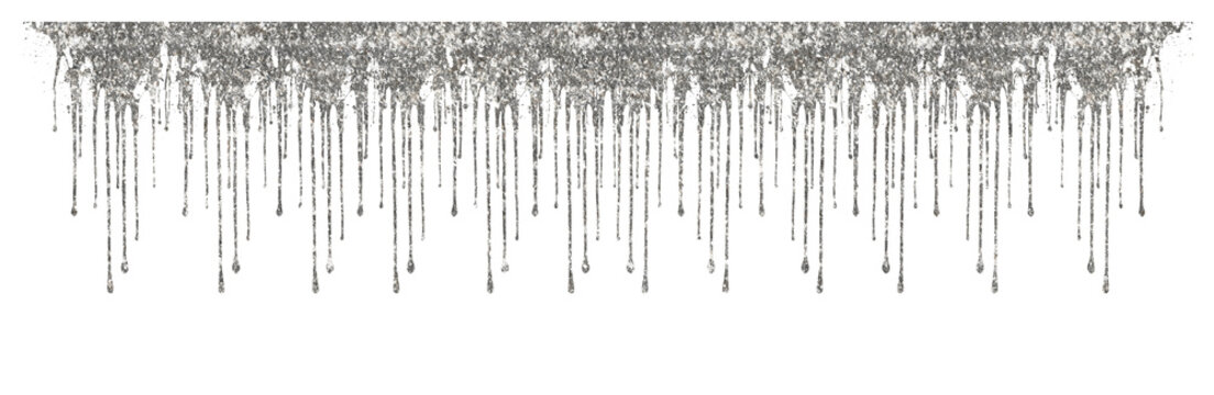 Silver liquid dripping down on transparent background, molten silver flowing drops, luxury metallic, splash of liquid silver paint with sparkles. Watercolor silver foil flake. Old silver texture. PNG.