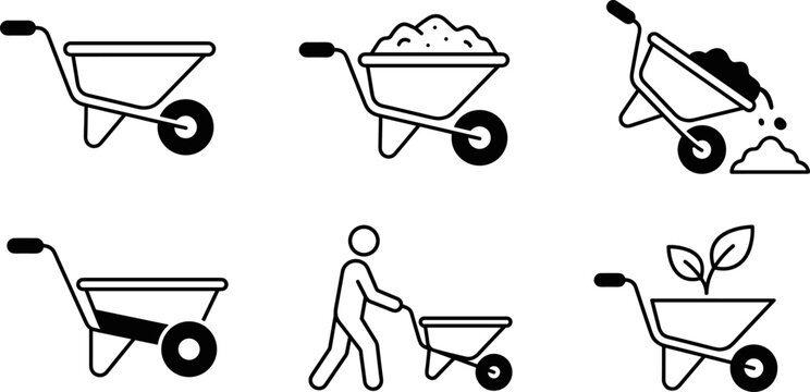 Wheelbarrow icons, construction and gardening equipment symbols