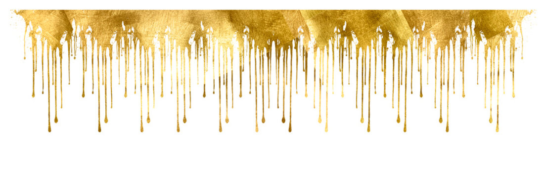 Gold paint drips down. Liquid gold texture on a transparent background. Gold Foil brush stroke, gold splatter glitter. Gold sparkle border. Gold glitter. Golden stroke. Gold particles, shining. PNG