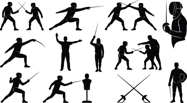 Set of black silhouette depicting the sport of fencing, including fencers in various poses, equipment, and training with a dummy target