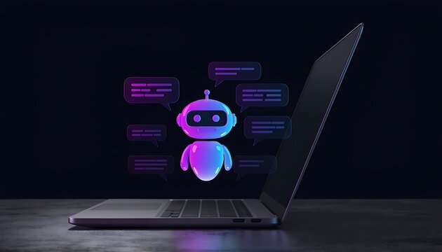 AI chatbot assistant on laptop screen. Digital virtual helper with speech bubbles.
