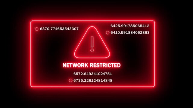 Dynamic red neon network restricted warning sign with rapidly changing digital data stream overlay for cyber security, system failure, hacking alert, and high-tech information technology interface