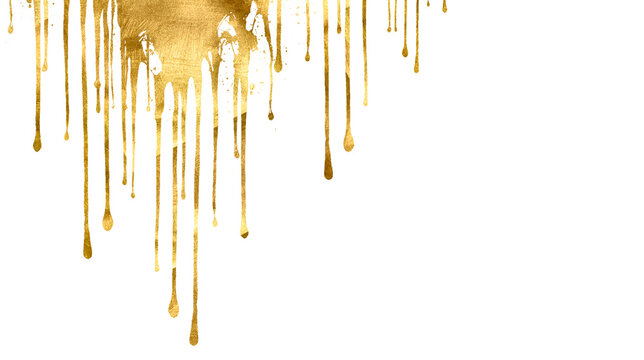 Golden liquid dripping down on transparent background, molten gold flowing drops, luxury metallic, splash of liquid gold paint with sparkles. Watercolor gold foil pieces flake. Old gold texture. PNG.