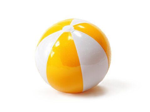 Realistic yellow and white inflatable beach ball isolated on a transparent background. Classic summer toy with glossy surface, ideal for beach, pool, vacation, sports, and seasonal designs.