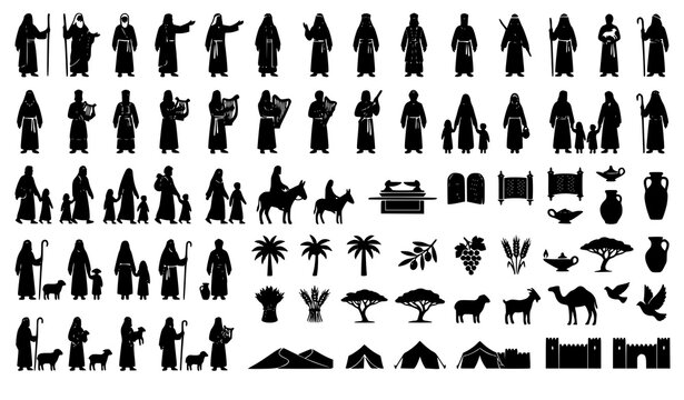 Ancient Biblical Figures and Symbols Silhouette Flat Vector Illustration Collection