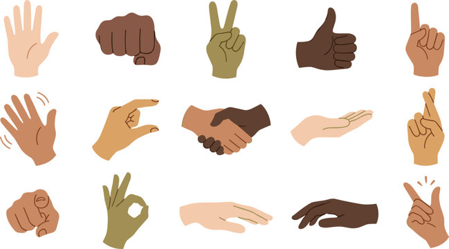 Diverse hand gesture icons vector collection with human signs and communication symbols