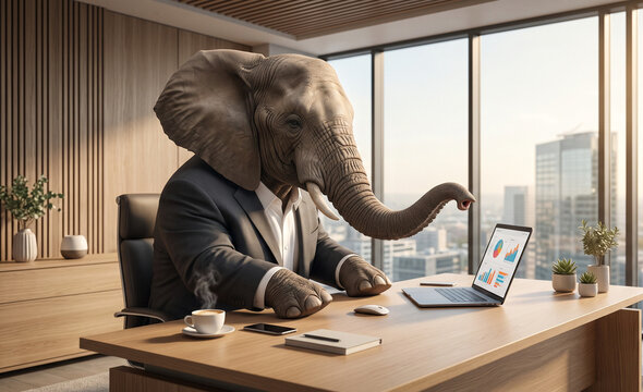 Funny Elephant in Executive Office Using Tiny Computer Mouse