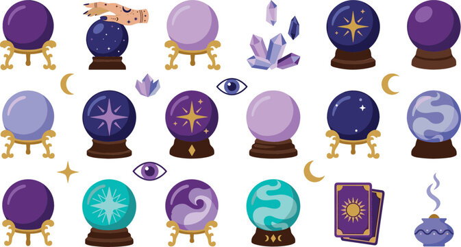 Magic crystal ball vector illustration set featuring mystical fortune telling globes, sparkling stars, tarot cards, quartz crystals, and witch hand elements.