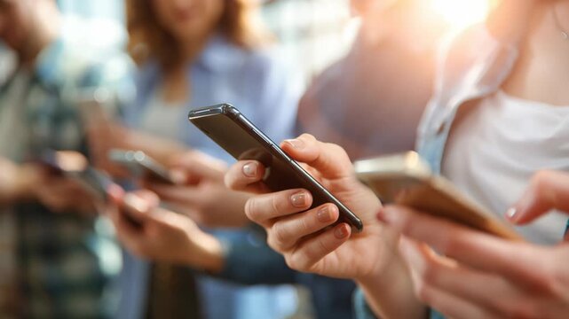 Group young people stand together each absorbed in browsing, typing on their smartphones. Digital addiction, social media, mobile application. Social network society generation, internet online. Gen Z