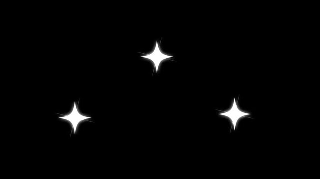 Single white glitter star blinking animation with twinkling shine, sparkle burst and glowing light trails, flat vector doodle effect on black screen in 4k