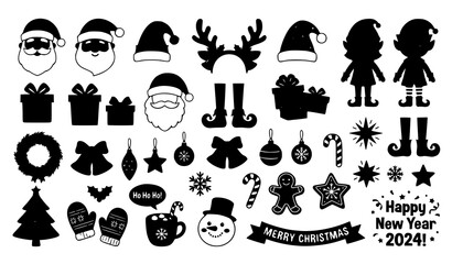 Cute Christmas illustration set with Santa Claus elf characters festive gifts reindeer hats and holiday vector icons © Mst Jui