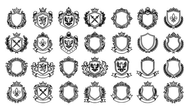 Vintage heraldic shield collection with royal crests luxury badge frames medieval emblems and ornamental vector graphics