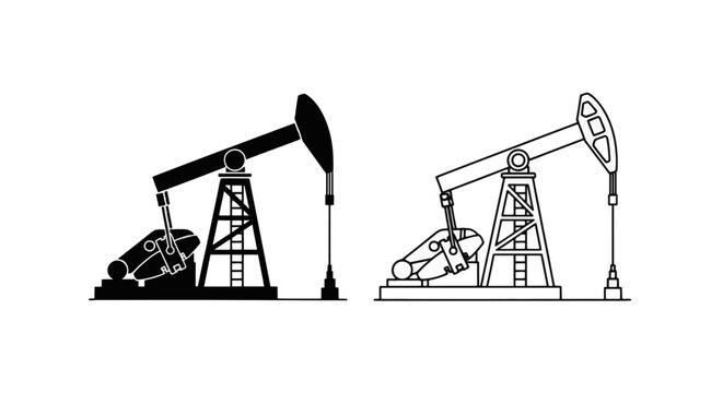 Vector illustration of oil pump jack vector icons silhouette and line art set on a transparent background