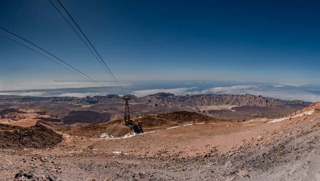 Panoramic Volcanic Landscape at Mount Teide with Cable Car and Sea of Clouds