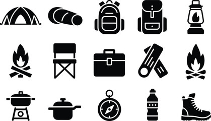 Camping essential items tent sleeping bag backpack lantern chair and survival gear set © MstRina