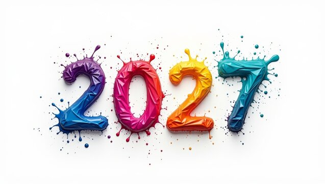 Colorful 2027 text design with vibrant paint splashes in purple, pink, yellow, orange, and blue against a clean white background for New Year celebrations