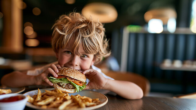 child enjoying a delicious burger, happy kid eating a hamburger, cheerful child enjoying a tasty meal