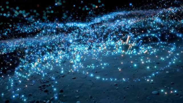 Glowing blue crystals growing on an alien planet surface
