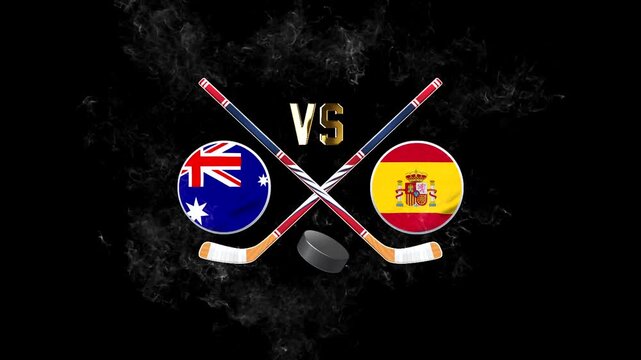Australia vs Spain hockey match concept with crossed hockey sticks, puck, and national flags on a dark background