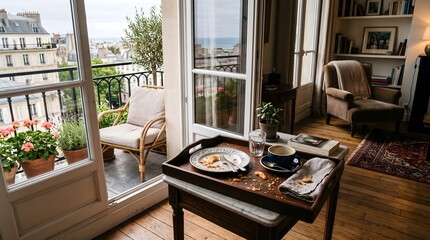 Fototapeta premium Parisian Apartment Balcony with Cityscape and Sea View