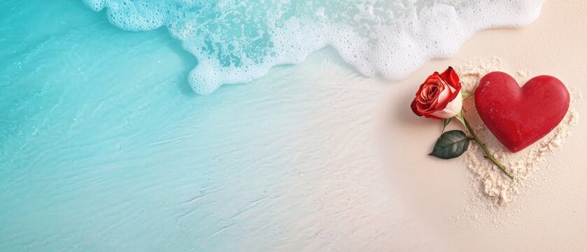 A red heart-shaped cookie and a red rose rest on the sandy shore, with gentle ocean waves approaching, evoking romance and serenity by the sea.