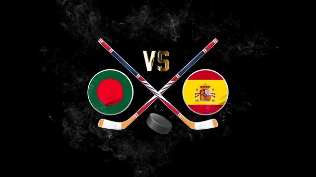 Bangladesh vs Spain hockey match concept with crossed hockey sticks, puck, and national flags on a dark background