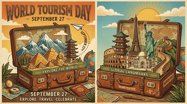 Vintage suitcases containing global landmarks for World Tourism Day