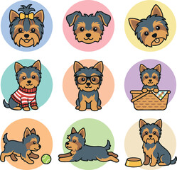 Naklejka premium Cute Yorkshire Terrier cartoon puppy character vector icon set featuring happy sticker emojis wearing sweater, glasses, bow tie, and playing with ball.