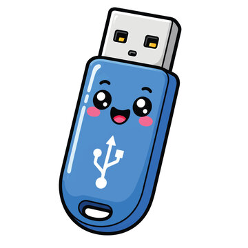 Cute smiling USB flash drive cartoon mascot vector illustration for digital storage technology portable data and computing