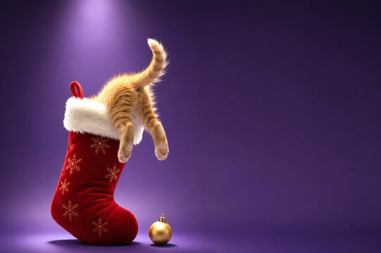 Fluffy kitten hiding inside a giant Christmas stocking with only its back legs and tail showing, playful festive concept with elegant copy space for holiday advertising