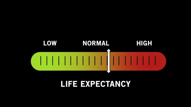 Dynamic life expectancy progress bar infographic animation featuring a moving indicator sliding from low to levels for medical, healthcare, insurance, and demographic data visualization presentations