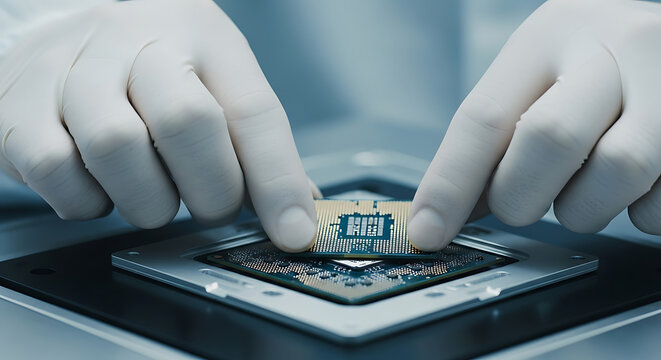 Technician wearing white protective gloves carefully installs a microchip onto a computer motherboard.