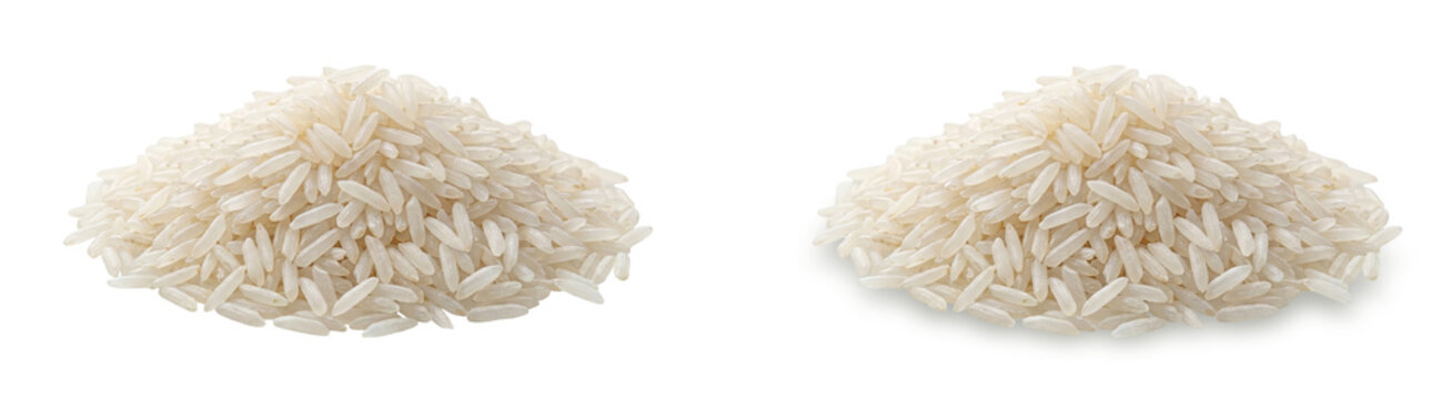 Uncooked white rice heaps isolated on white background, long grain jasmine rice piles, raw organic cereal grains for culinary cooking and food packaging