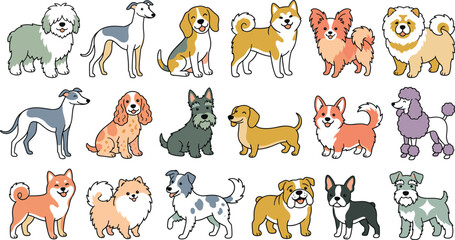 Obraz premium Collection of diverse cartoon dog breeds vector illustration for pet care and veterinary design