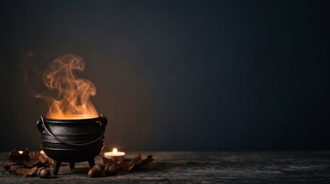 Spooky witch cauldron with smoke on dark background, Halloween magic potion scene with copy space
