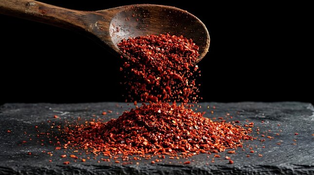 Red chili flakes falling from a wooden spoon onto a dark stone surface. fermented red pepper powder