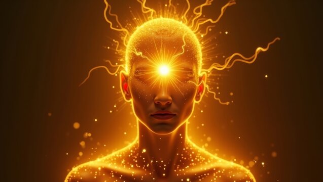 Portrait of a person with glowing golden energy emanating from the forehead, surrounded by a radiant aura and sparkling particles against a dark background