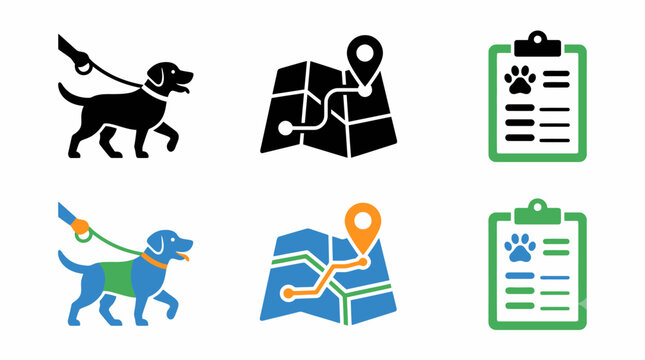 Illustrated dog walking icons: maps, routes, checklists, leash, black and blue dogs