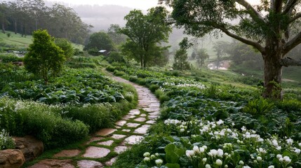 Obraz premium Serene Garden Pathway Surrounded by Lush Greenery and Vibrant Flowers in a Tranquil Natural Landscape at Dawn