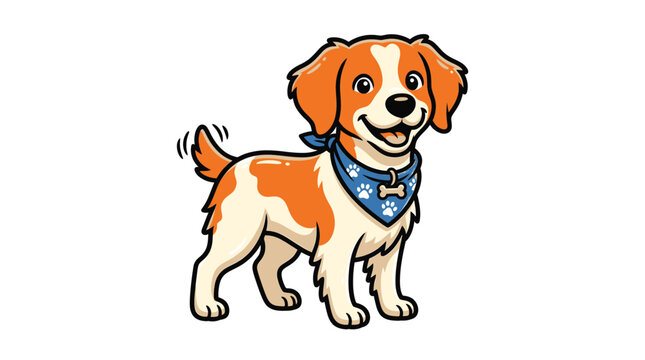 Cute saint bernard dog cartoon mascot standing with blue bandana isolated on white background for pet care branding and education
