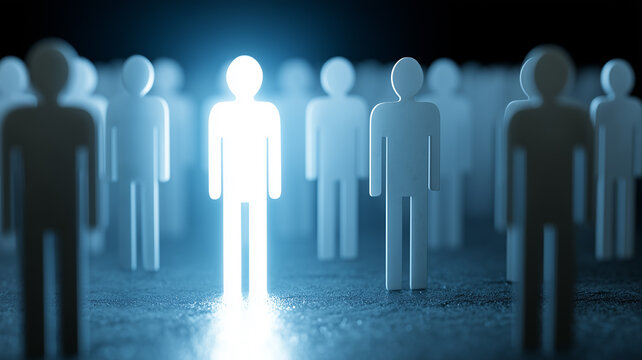 A glowing human figure standing among a crowd represents leadership talent recognition and individual professional potential.
