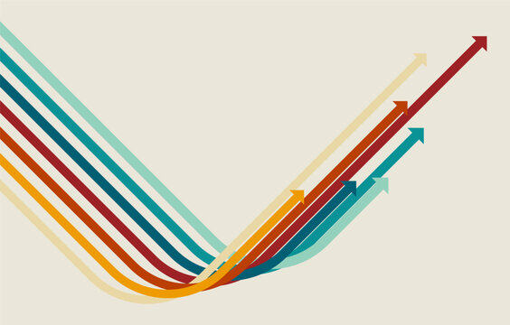 Retro multicolor curved lines rising into upward arrows, symbolizing growth, progress, direction, and positive movement in modern graphic design