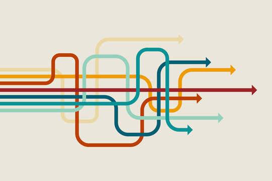 Retro multicolor curved arrow lines intersecting in multiple pathways, symbolizing choices, direction, workflow, and dynamic movement in modern graphic design